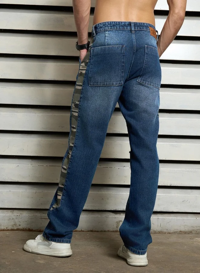 Men's Indigo 100% Cotton Bleached Full Length Straight Fit Jeans