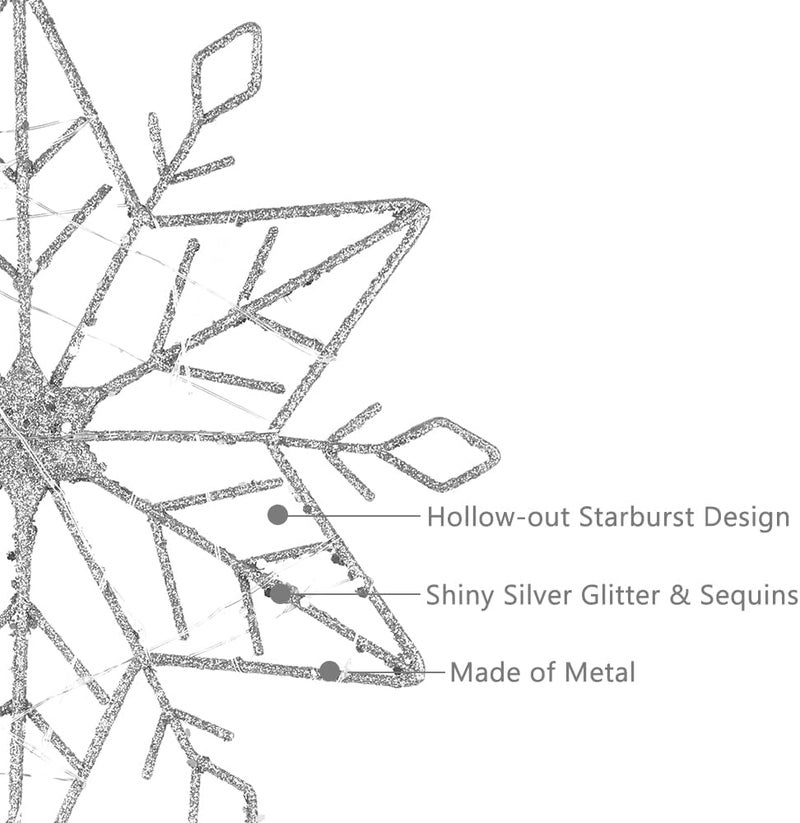 hogardeck Christmas Tree Topper, 10" Lighted Silver Snow Tree Topper, 20 LED Lights Silver Glitter Powder Snowflake Tree Toppers Christmas Decorations, Battery Powered Timer Xmas Treetop Star Decor - Image 5