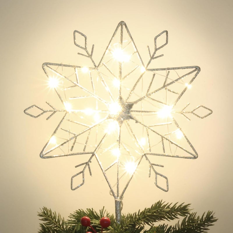 hogardeck Christmas Tree Topper, 10" Lighted Silver Snow Tree Topper, 20 LED Lights Silver Glitter Powder Snowflake Tree Toppers Christmas Decorations, Battery Powered Timer Xmas Treetop Star Decor - Image 1
