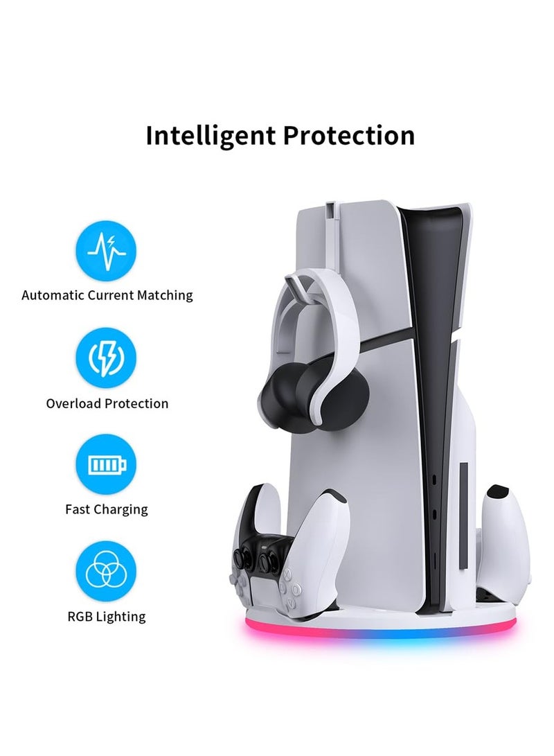 Vertical Stand for PS5 Slim Console Optical/Digital Dual Charger Charging Station for PS5 Controller Playstation5 Slim Gamepad Charger with Headphone Stand - Image 2