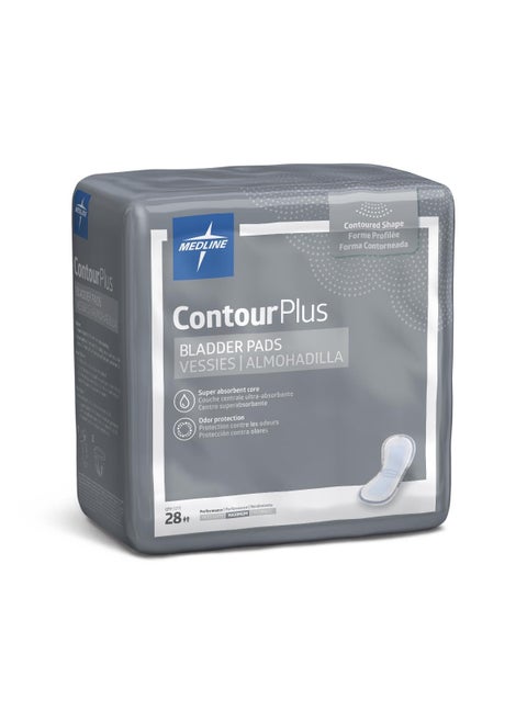 Medline ContourPlus Bladder Control Pads, Maximum Absorbency, 6.5 x 13.5 Inches, Bag of 28