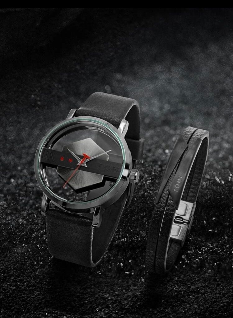 TOMI Stylish Black Leather Strap Watch From Tomi For Unisex And Women, With a Bracelet - Image 1