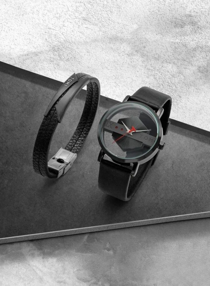 TOMI Stylish Black Leather Strap Watch From Tomi For Unisex And Women, With a Bracelet - Image 3