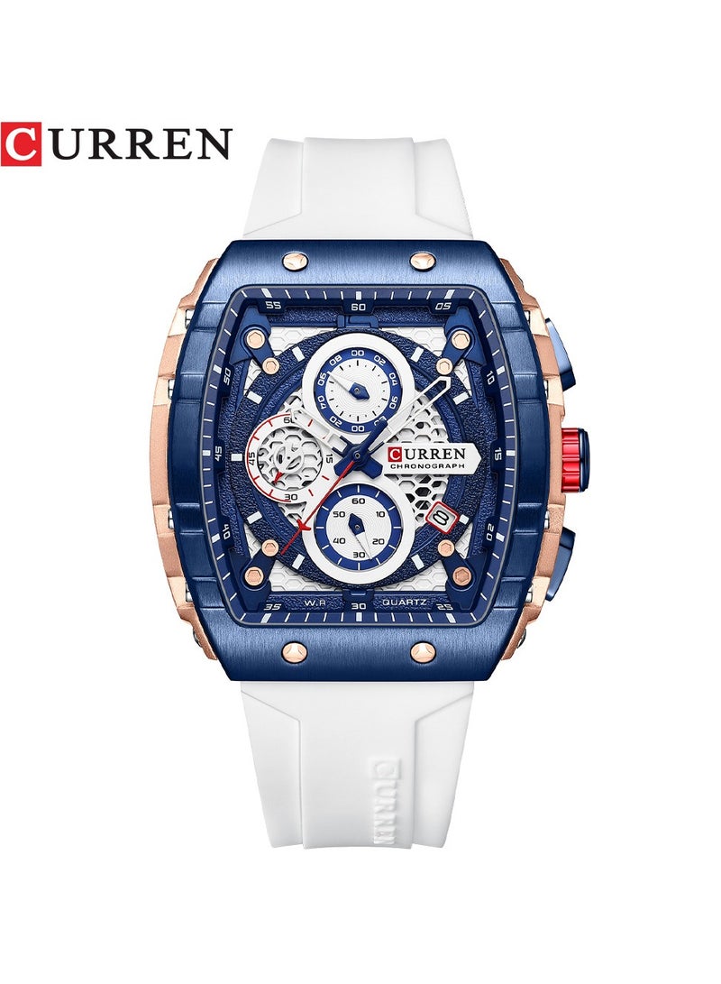CURREN Men's Waterproof Quartz Watch, Luminous Markers, Silicone Strap, 8442 White - Image 1