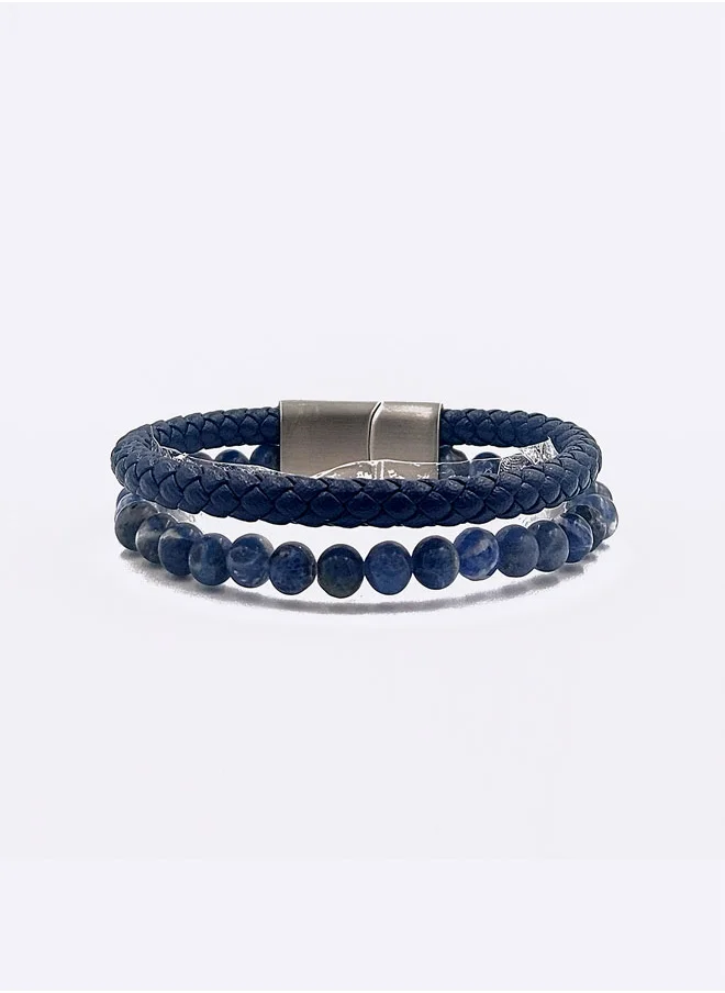 كريسوستوموس Handmade Leather Beaded Bracelet for Men with Double Blue Leather & Blue Sodalite