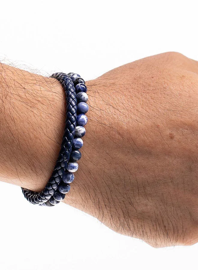 CHRYSOSTOMOS Handmade Leather Beaded Bracelet for Men with Double Blue Leather and Blue Sodalite