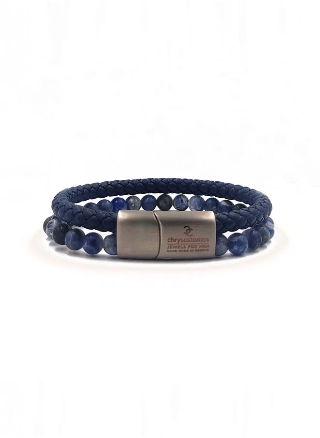 كريسوستوموس Handmade Leather Beaded Bracelet for Men with Double Blue Leather & Blue Sodalite