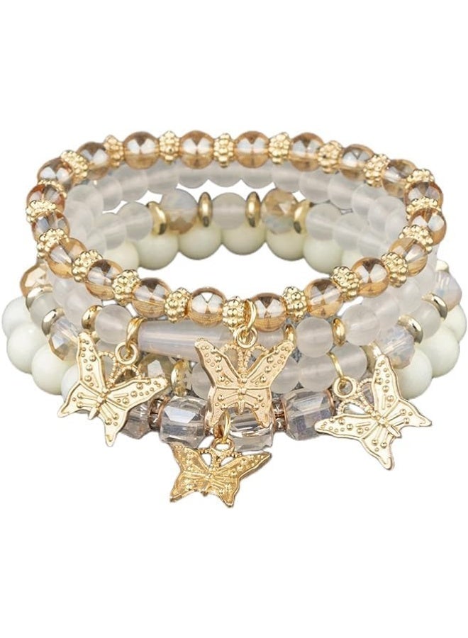 HZYH Handmade Colorful Butterfly Pendant Bracelets for Women, 4 Pcs Gold Beaded Stackable Stretch Bracelets, Boho Summer Beach Charm Jewelry - Image 1
