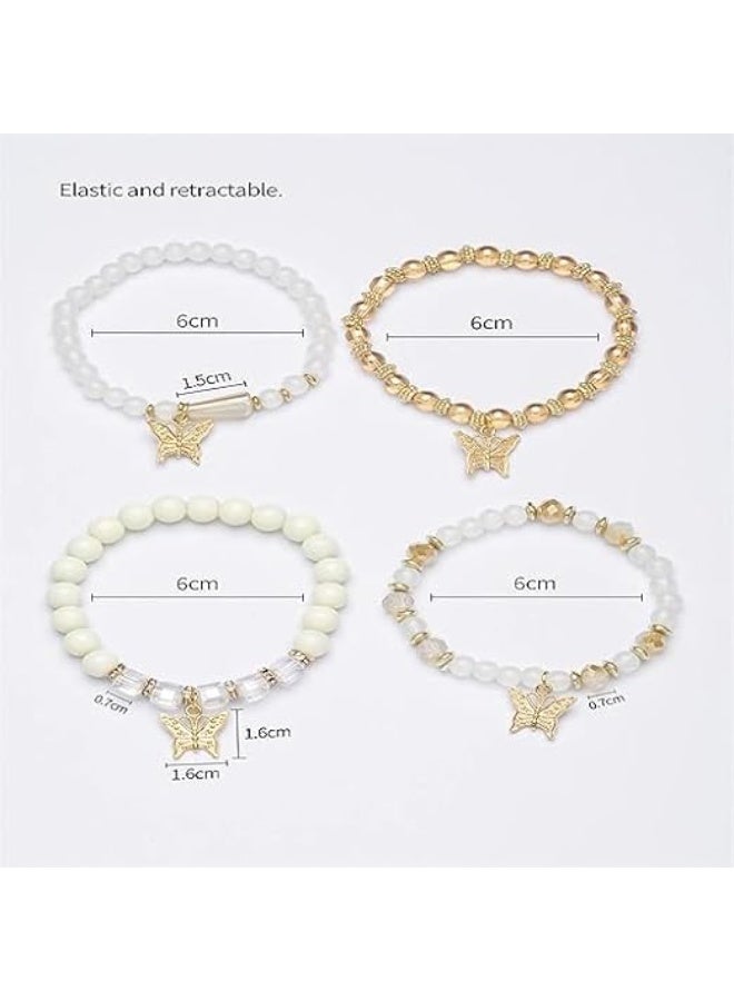 HZYH Handmade Colorful Butterfly Pendant Bracelets for Women, 4 Pcs Gold Beaded Stackable Stretch Bracelets, Boho Summer Beach Charm Jewelry - Image 2