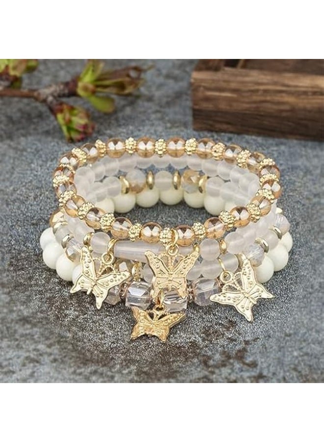 HZYH Handmade Colorful Butterfly Pendant Bracelets for Women, 4 Pcs Gold Beaded Stackable Stretch Bracelets, Boho Summer Beach Charm Jewelry - Image 3