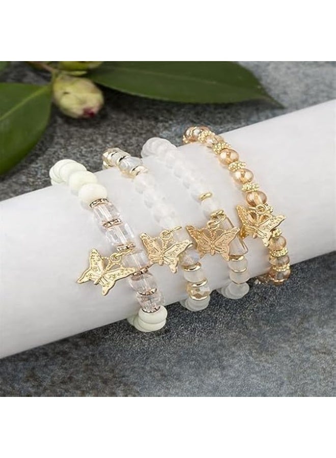 HZYH Handmade Colorful Butterfly Pendant Bracelets for Women, 4 Pcs Gold Beaded Stackable Stretch Bracelets, Boho Summer Beach Charm Jewelry - Image 4