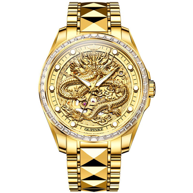 OUPINKE Gold Dragon Skeleton Mens Wrist Watches Luxury Dress Automatic Self Winding Mechanical Sapphire Crystal Diamond Waterproof Luminous Tungsten Steel Band Watches for Men Gift - Image 2