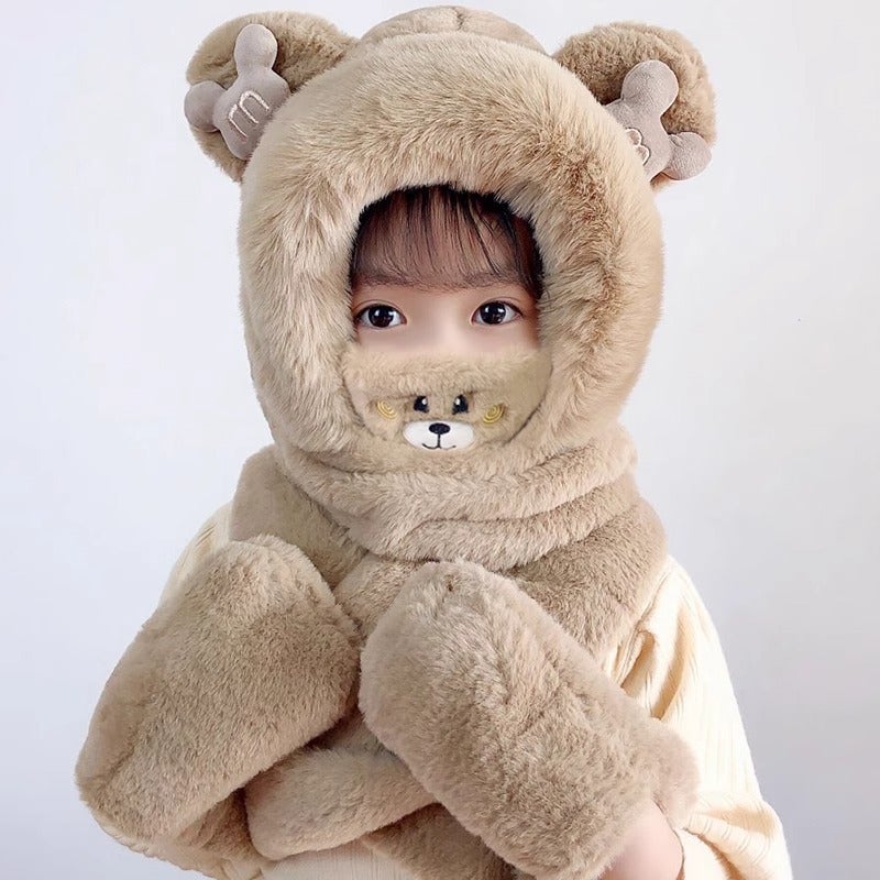 Kids Winter Hat Scarf Gloves Set Brown + mask (mickey bear)
