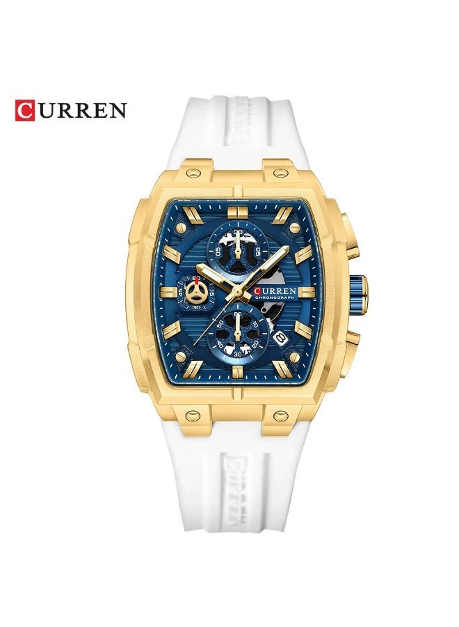 CURREN ساعة كرونوجراف عالية الجودة CURREN 8488 مناسبة للرجال، ساعة كوارتز عالية الجودة، حزام سيليكون، مقاومة للماء، ساعات معصم للأعمال بيضاء - Image 1
