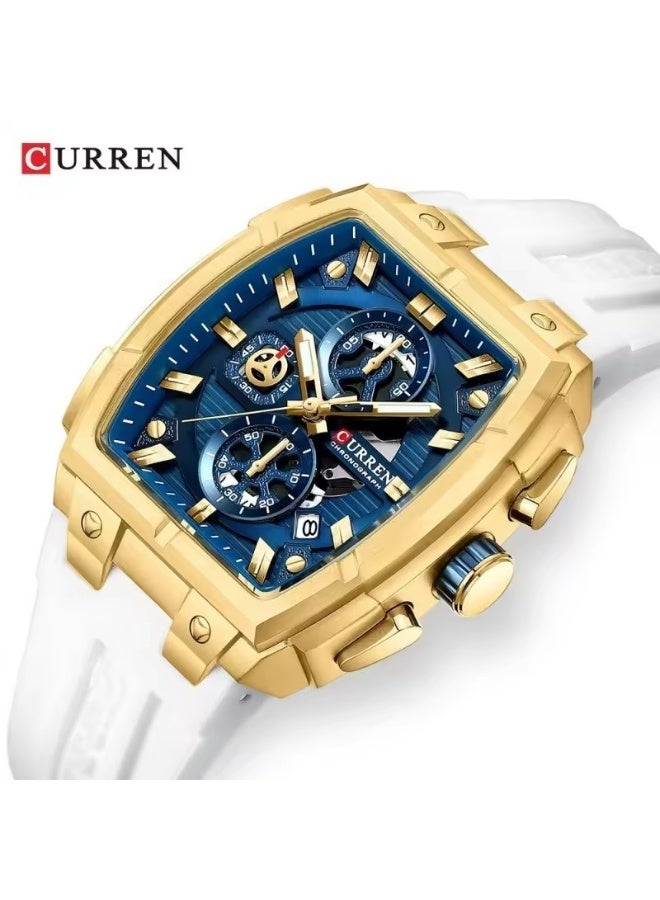 CURREN ساعة كرونوجراف عالية الجودة CURREN 8488 مناسبة للرجال، ساعة كوارتز عالية الجودة، حزام سيليكون، مقاومة للماء، ساعات معصم للأعمال بيضاء - Image 2