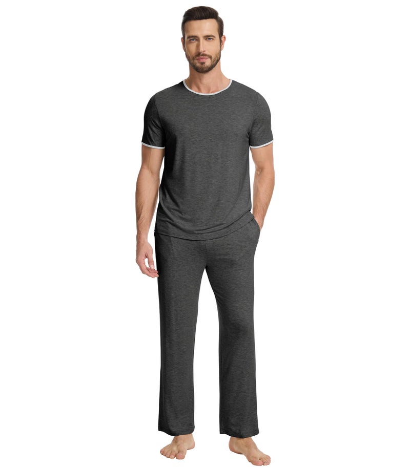 WiWi Mens Pajamas Set Viscose from Bamboo Sleepwear Casual Soft Sleep Sets with Pockets Short Sleeve Loungewear SXXL Charcoal Heather Small