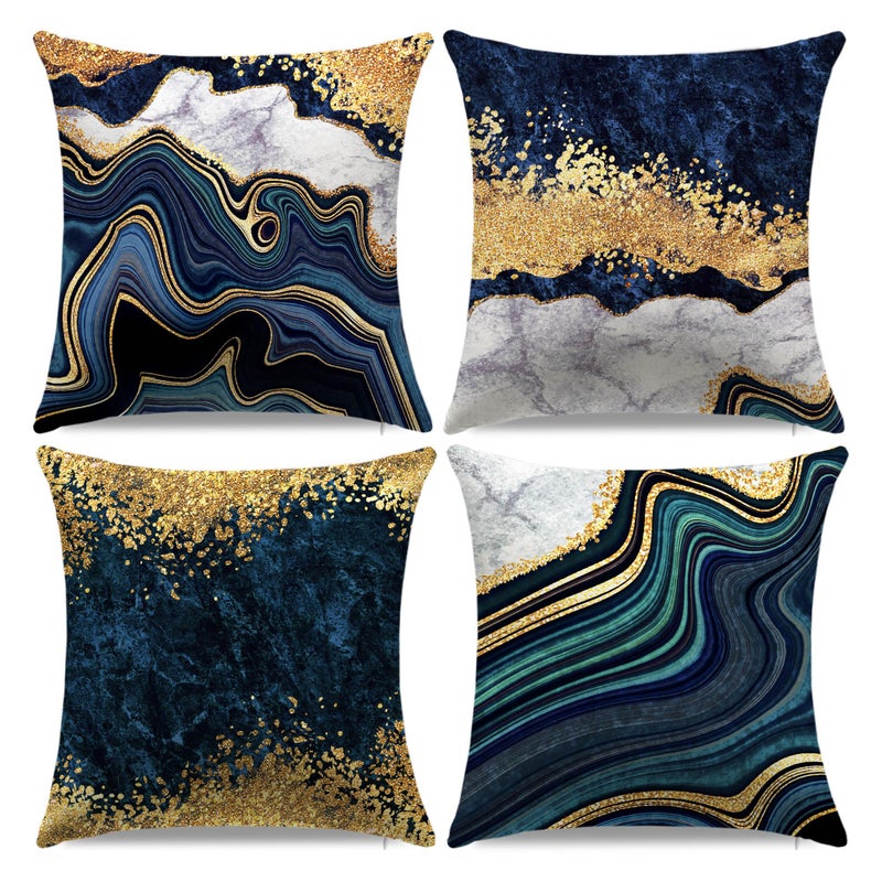 LDJRSY Blue Teal Gold Throw Pillow Covers 18x18 Inch Set of 4 - Image 1