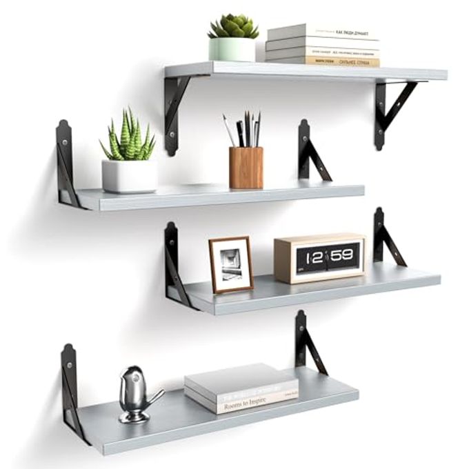 ROMGUAR CRAFT Wood Floating Shelves Set of 4, Rustic Storage Decor Wall Shelves, Wall Mounted Shelf for Living Room, Bedroom 17" x 6", Light Grey - Image 4