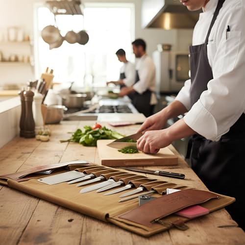 Seido Knives Classic Knife Roll Bag - Heavy Duty Canvas & Leather - Holds 18 Culinary Tools, Including 12 Large Knives, 4 Utensil Slots, and 2 Meat Cleaver Compartments - Image 3