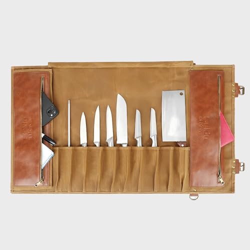 Seido Knives Classic Knife Roll Bag - Heavy Duty Canvas & Leather - Holds 18 Culinary Tools, Including 12 Large Knives, 4 Utensil Slots, and 2 Meat Cleaver Compartments - Image 5
