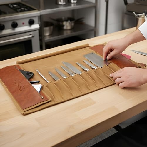 Seido Knives Classic Knife Roll Bag - Heavy Duty Canvas & Leather - Holds 18 Culinary Tools, Including 12 Large Knives, 4 Utensil Slots, and 2 Meat Cleaver Compartments - Image 2