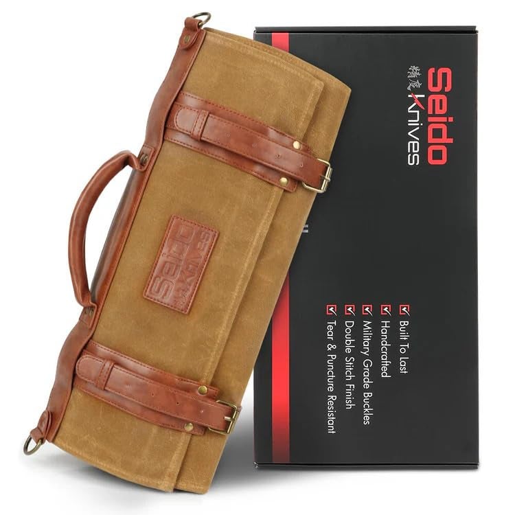Seido Knives Classic Knife Roll Bag - Heavy Duty Canvas & Leather - Holds 18 Culinary Tools, Including 12 Large Knives, 4 Utensil Slots, and 2 Meat Cleaver Compartments - Image 1