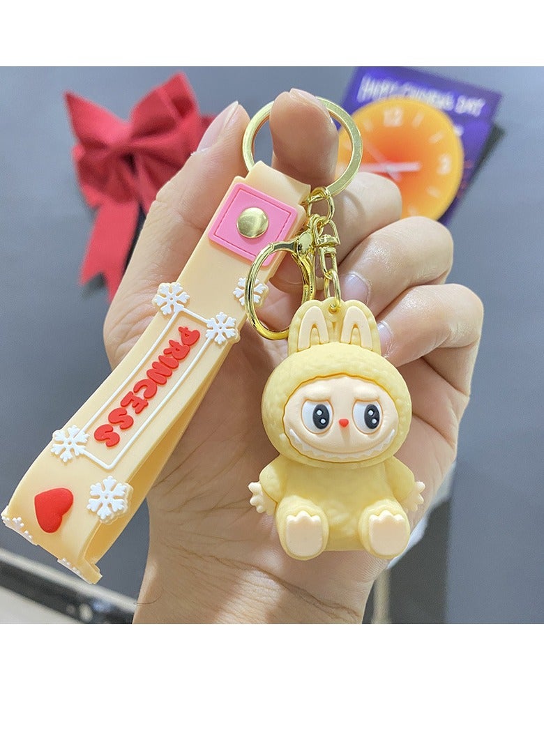Generic Labubu Cute New Dress Labubu Sitting Cute Series Keychain Car Backpack Doll Gift Keychain (Yellow) 
