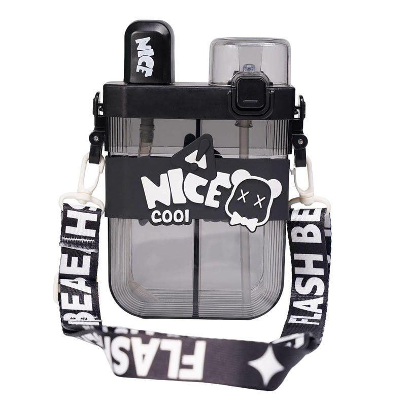 Veejet 2 in 1 Dual Compartment Water Bottle with Straw and Adjustable Straps 700 ML - Leakproof, Durable, Quality Food-Grade Plastic Water Bottle | Kids Water Bottle, School, Travel (Nice Black) - Image 1