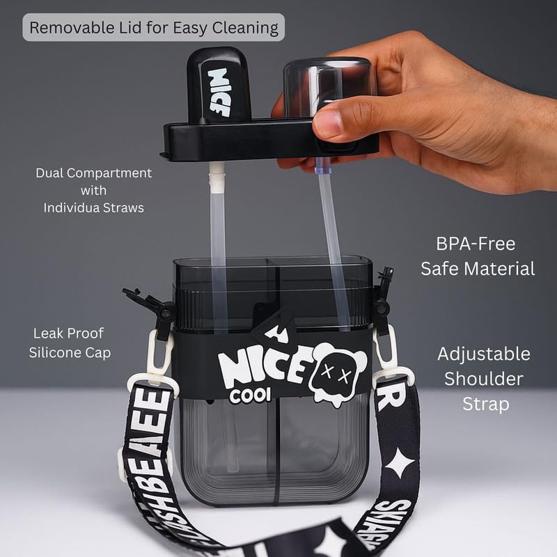 Veejet 2 in 1 Dual Compartment Water Bottle with Straw and Adjustable Straps 700 ML - Leakproof, Durable, Quality Food-Grade Plastic Water Bottle | Kids Water Bottle, School, Travel (Nice Black) - Image 4