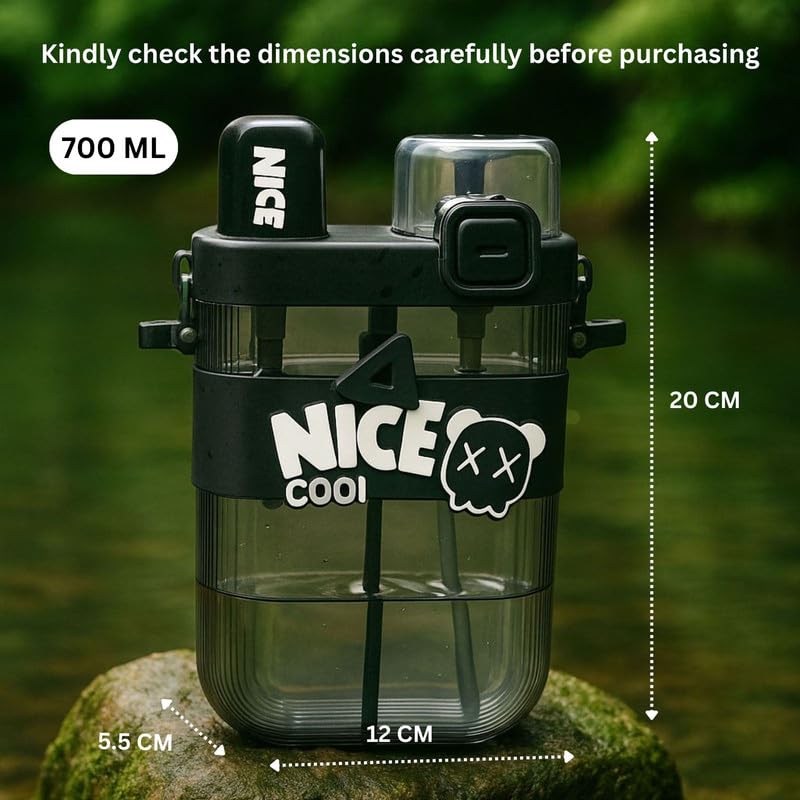 Veejet 2 in 1 Dual Compartment Water Bottle with Straw and Adjustable Straps 700 ML - Leakproof, Durable, Quality Food-Grade Plastic Water Bottle | Kids Water Bottle, School, Travel (Nice Black) - Image 5