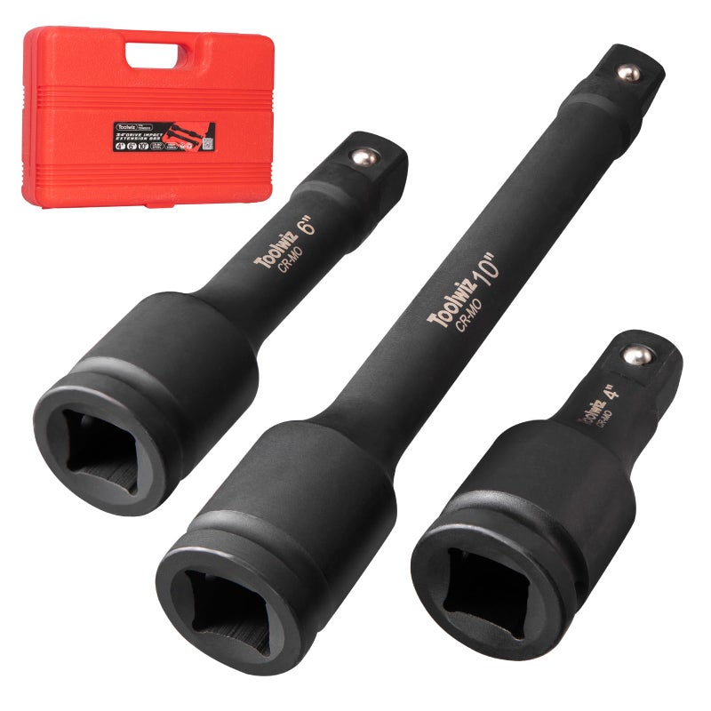 Toolwiz 3/4” Drive Impact Extension Bar 4”, 6”, 10” (3 Piece) Cr-Mo Steel, Expand the Range of Impact Drivers, Organized in PVC Box - Black 3/4 Ratchet Wrench Extension Bar Socket Set - Image 1