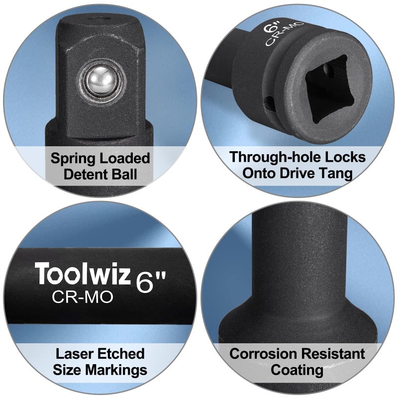 Toolwiz 3/4” Drive Impact Extension Bar 4”, 6”, 10” (3 Piece) Cr-Mo Steel, Expand the Range of Impact Drivers, Organized in PVC Box - Black 3/4 Ratchet Wrench Extension Bar Socket Set - Image 3