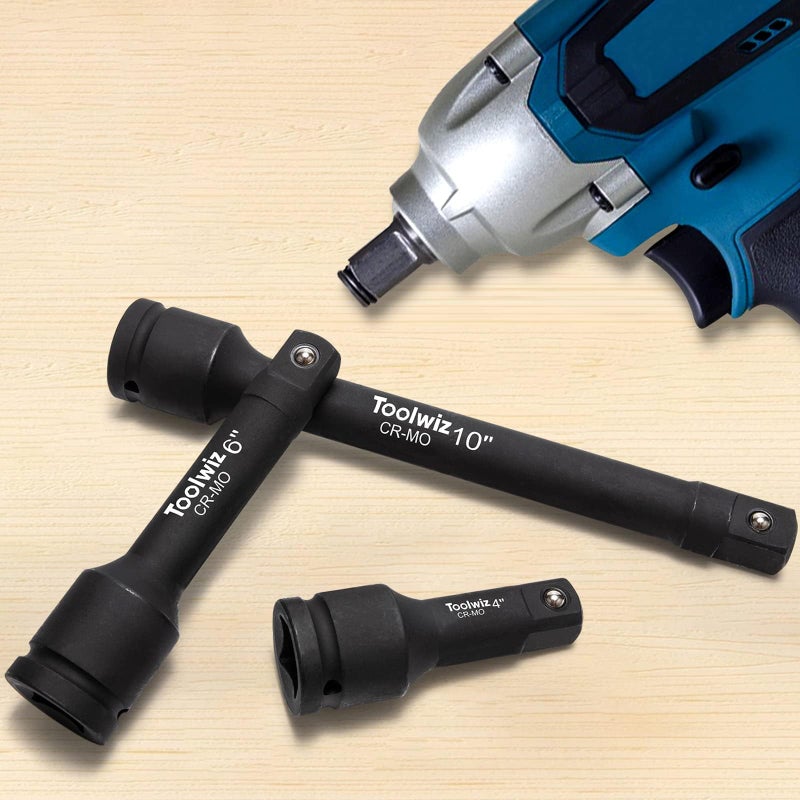 Toolwiz 3/4” Drive Impact Extension Bar 4”, 6”, 10” (3 Piece) Cr-Mo Steel, Expand the Range of Impact Drivers, Organized in PVC Box - Black 3/4 Ratchet Wrench Extension Bar Socket Set - Image 5
