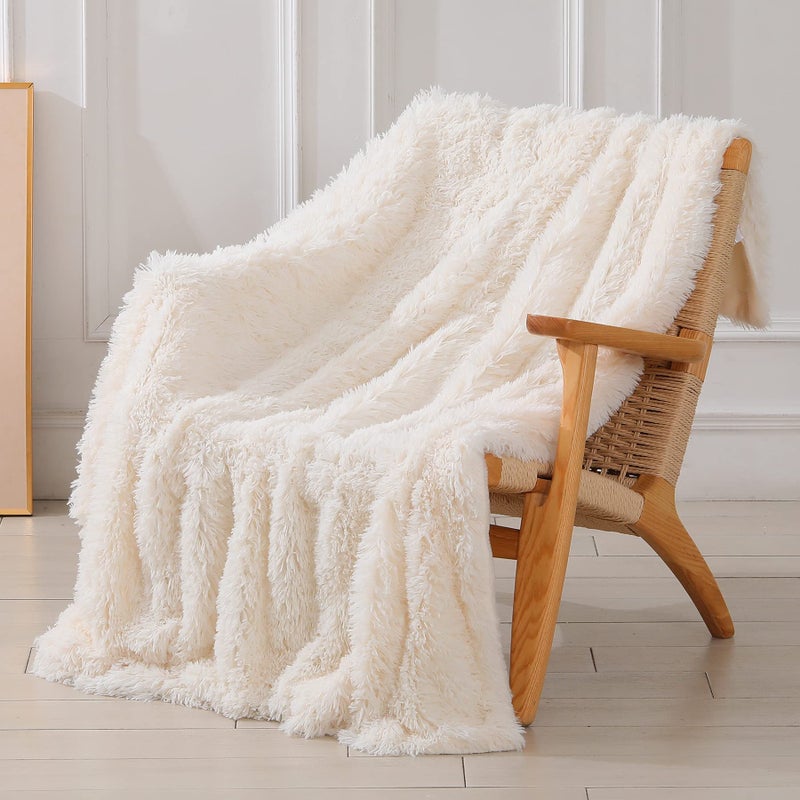 Tuddrom Decorative Extra Soft Fuzzy Faux Fur Throw Blanket 50" x 60",Solid Reversible Long Hair Shaggy Blanket,Fluffy Cozy Plush Comfy Microfiber Fleece Blankets for Couch Sofa Bedroom,Cream White - Image 1