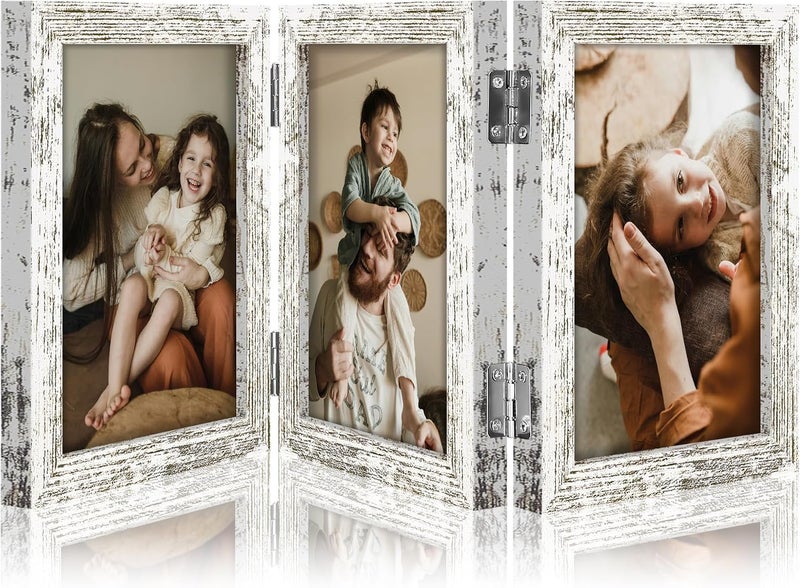 decorUhome Triple 4x6 Picture Frame Vertical, Engineered Wood Trifold Photo Frame with Plexiglass for Tabletop Display, 4x6, Distressed White - Image 1