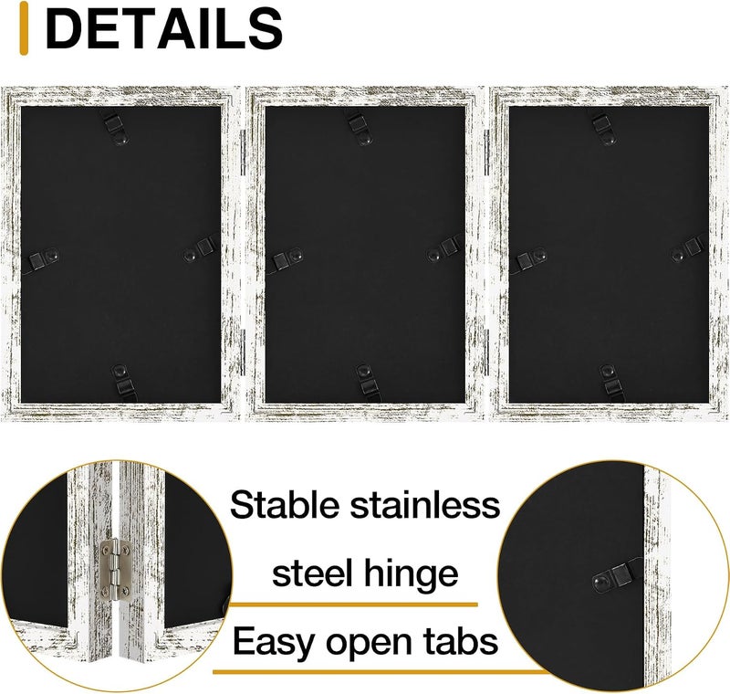 decorUhome Triple 4x6 Picture Frame Vertical, Engineered Wood Trifold Photo Frame with Plexiglass for Tabletop Display, 4x6, Distressed White - Image 4
