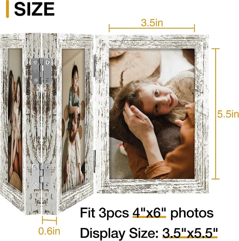 decorUhome Triple 4x6 Picture Frame Vertical, Engineered Wood Trifold Photo Frame with Plexiglass for Tabletop Display, 4x6, Distressed White - Image 3