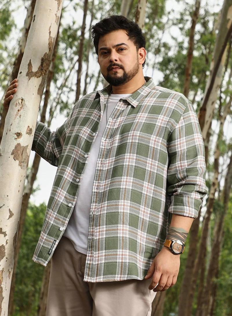 Instafab Plus Instafab Plus Men Sonic-Plaid Check Jacquard Shirt | Spread Collar , Long Cuffed Sleeves | Button Closure , Curved Hem | Checks Jacquard | Woven Fabric For Casual & Daily Wear | Light Olive