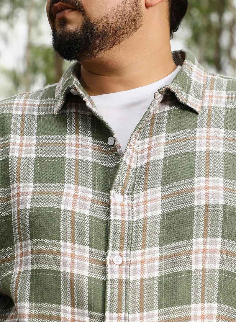 Instafab Plus Instafab Plus Men Sonic-Plaid Check Jacquard Shirt | Spread Collar , Long Cuffed Sleeves | Button Closure , Curved Hem | Checks Jacquard | Woven Fabric For Casual & Daily Wear | Light Olive