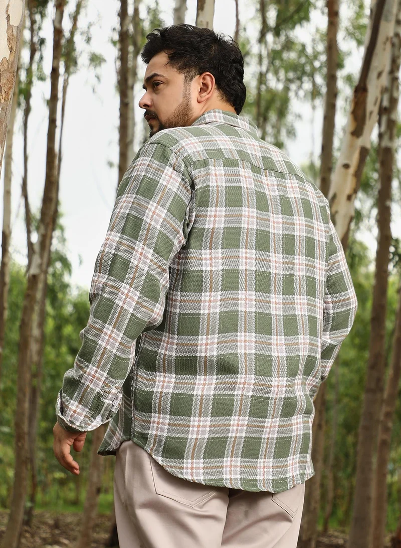 Instafab Plus Instafab Plus Men Sonic-Plaid Check Jacquard Shirt | Spread Collar , Long Cuffed Sleeves | Button Closure , Curved Hem | Checks Jacquard | Woven Fabric For Casual & Daily Wear | Light Olive