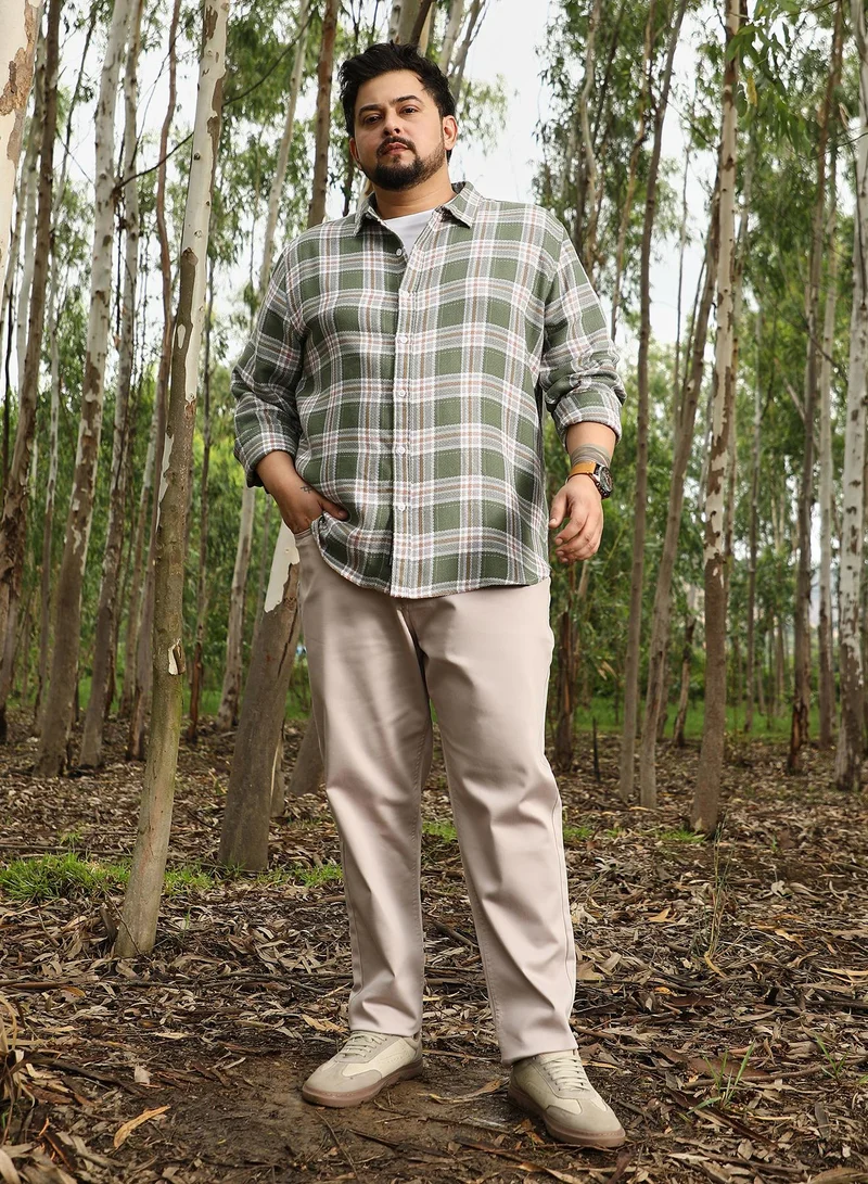 Instafab Plus Instafab Plus Men Sonic-Plaid Check Jacquard Shirt | Spread Collar , Long Cuffed Sleeves | Button Closure , Curved Hem | Checks Jacquard | Woven Fabric For Casual & Daily Wear | Light Olive