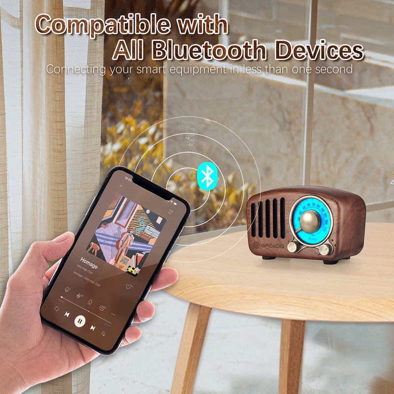 Greadio Vintage Greadio Walnut Wood Bluetooth Speaker Radio - Retro Style, Bass Enhancement, Loud Volume, Bluetooth 5.0, MP3 & FM Radio - Image 2