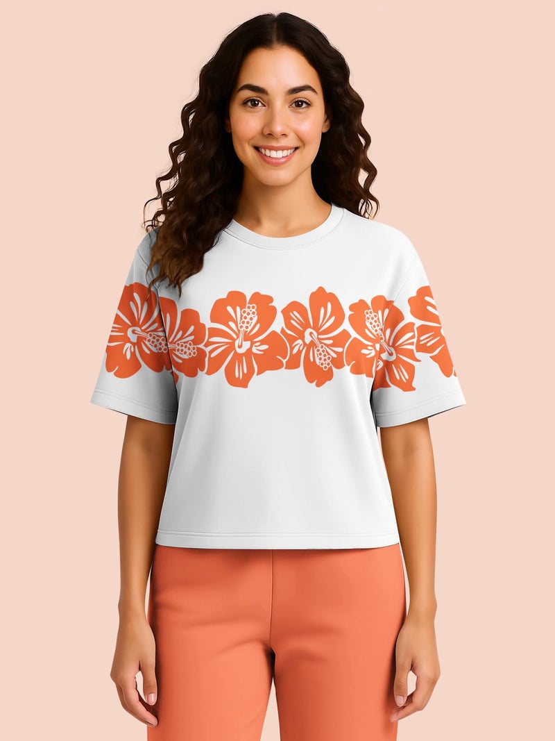 HELLCAT Trendy Printed Oversized Fit Crew-Neck Crop Tshirt for Women_Orange2_Large - Image 2