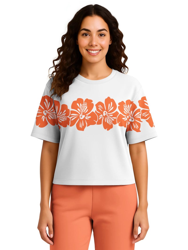 HELLCAT Trendy Printed Oversized Fit Crew-Neck Crop Tshirt for Women_Orange2_Large - Image 1