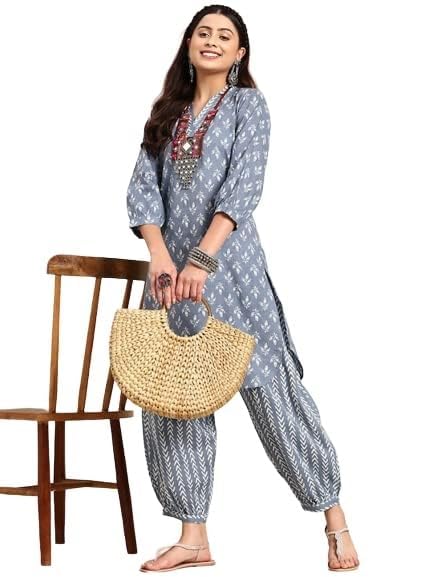 LookMark Women's Trendy Printed Cotton Blend Straight Grey Color Kurta and Afghani Pant Set (KS2070-L) - Image 4