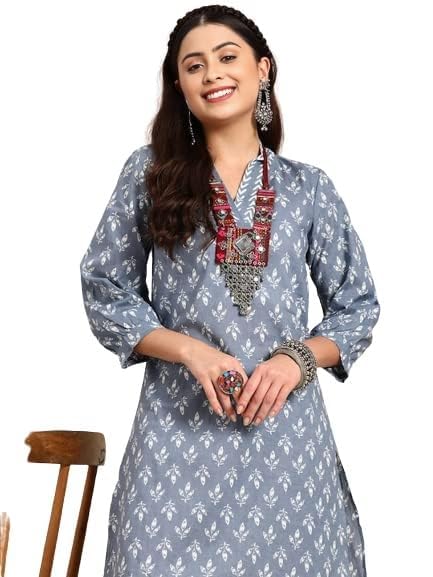 LookMark Women's Trendy Printed Cotton Blend Straight Grey Color Kurta and Afghani Pant Set (KS2070-L) - Image 2