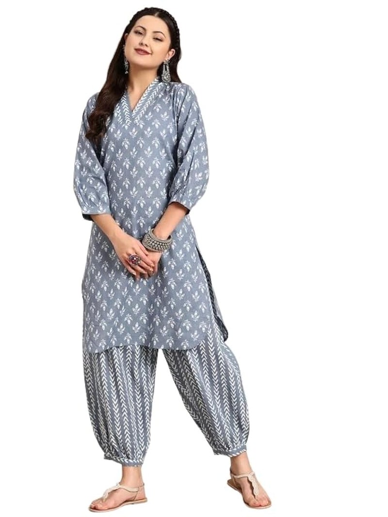 LookMark Women's Trendy Printed Cotton Blend Straight Grey Color Kurta and Afghani Pant Set (KS2070-L) - Image 1