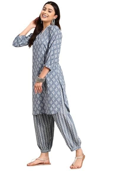 LookMark Women's Trendy Printed Cotton Blend Straight Grey Color Kurta and Afghani Pant Set (KS2070-L) - Image 3
