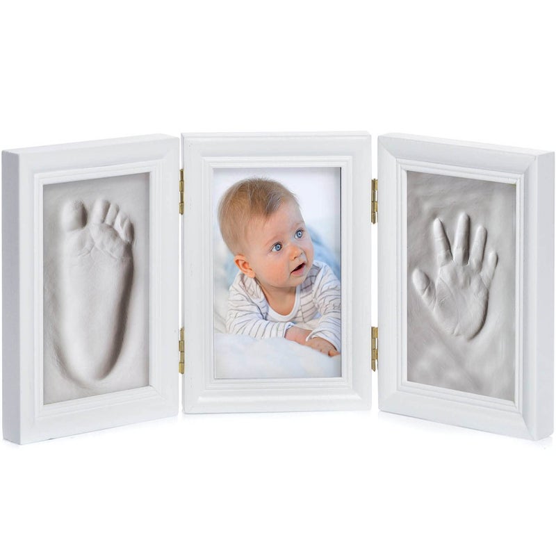 BIBS Baby Photo Frame Imprint/Ink Set - Photo frame for hand print, foot print & photos; gift set for birth, christening, baby part etc. 3-piece white (Plaster) - Image 2
