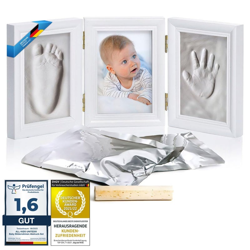 BIBS Baby Photo Frame Imprint/Ink Set - Photo frame for hand print, foot print & photos; gift set for birth, christening, baby part etc. 3-piece white (Plaster) - Image 1